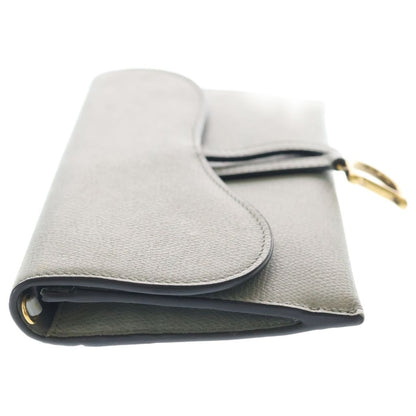 Dior Saddle Chain Wallet Card Case Gray Leather Gold — view 3