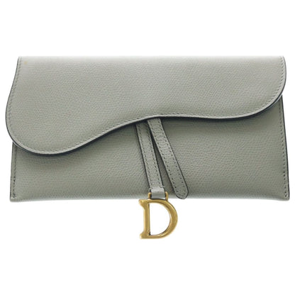 Dior Saddle Chain Wallet Card Case Gray Leather Gold