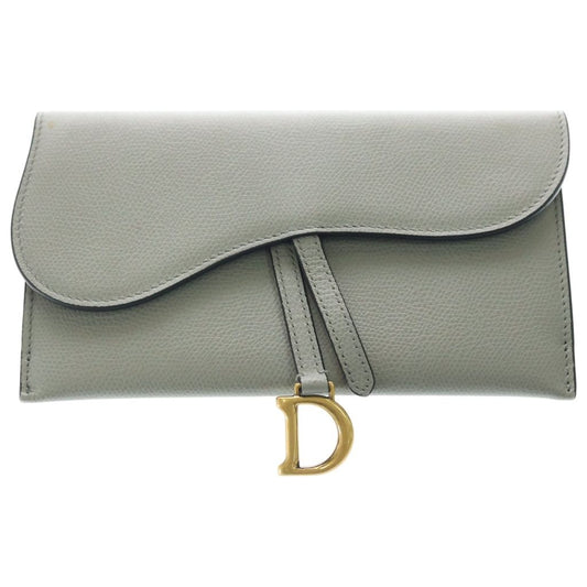 Dior Saddle Chain Wallet Card Case Gray Leather Gold