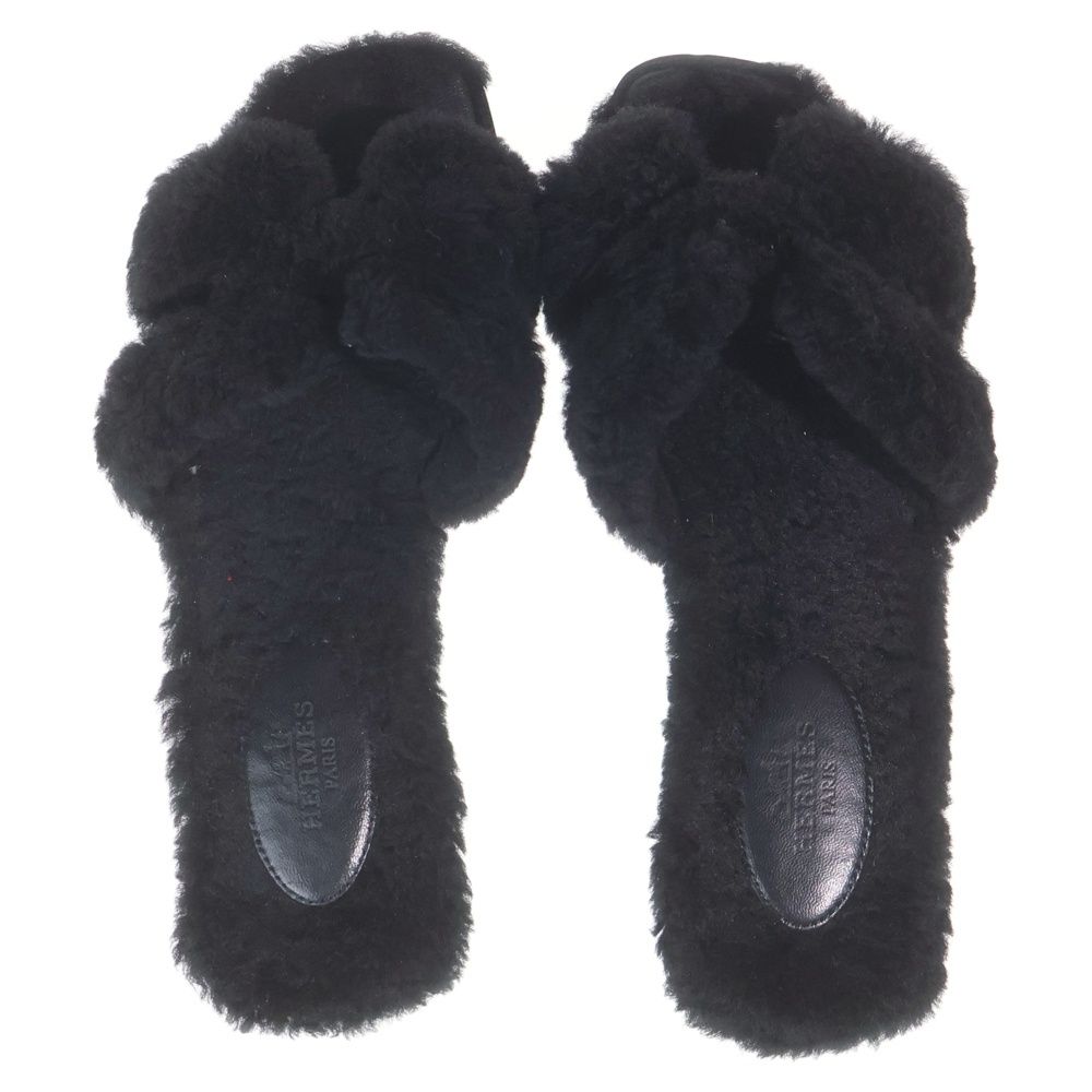 Hermes Oran Motif Shearling Sandals Black — view 4