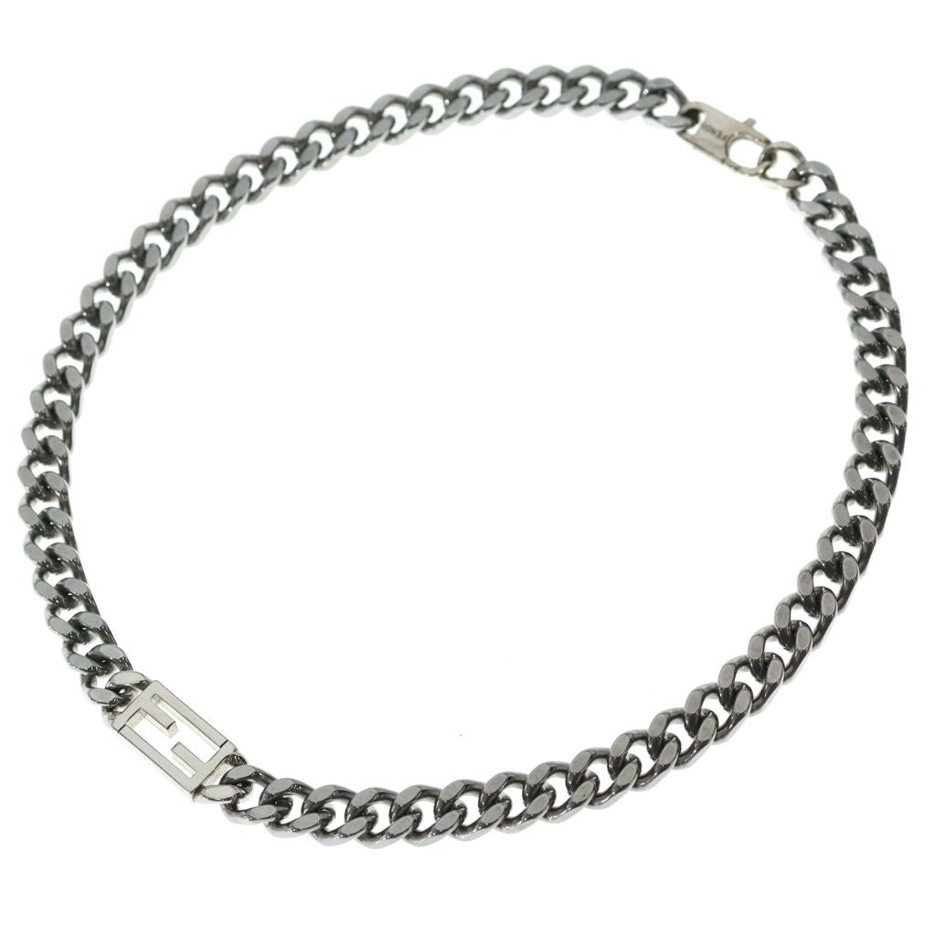 Fendi FF Logo Plate Metal Bucket Chain Necklace Silver — view 2