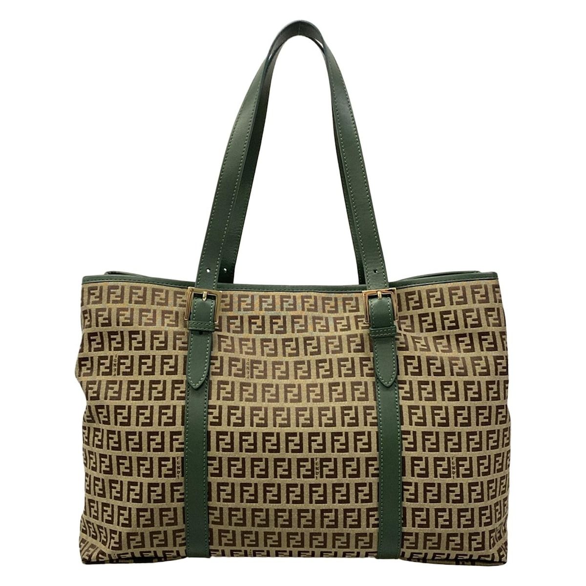 Fendi Tote Zucchino Pattern Green Dark Brown Beige Leather