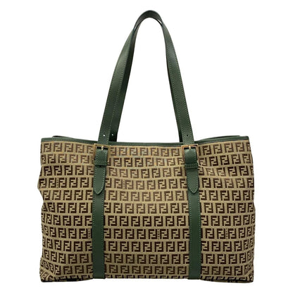 Fendi Tote Zucchino Pattern Green Dark Brown Beige Leather