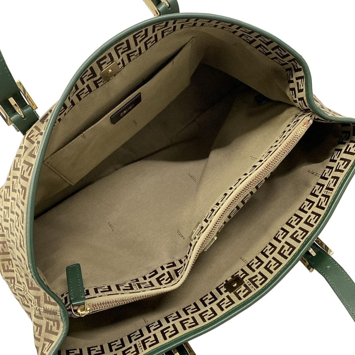 Fendi Tote Zucchino Pattern Green Dark Brown Beige Leather — view 7