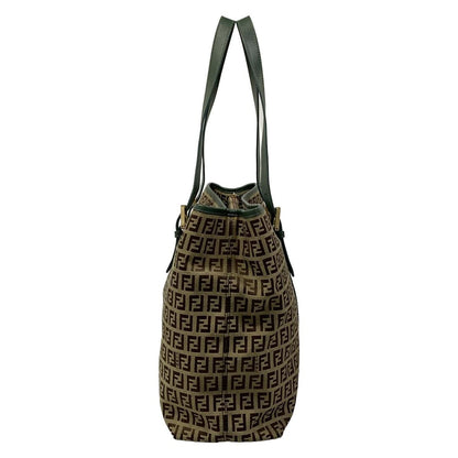 Fendi Tote Zucchino Pattern Green Dark Brown Beige Leather — view 2