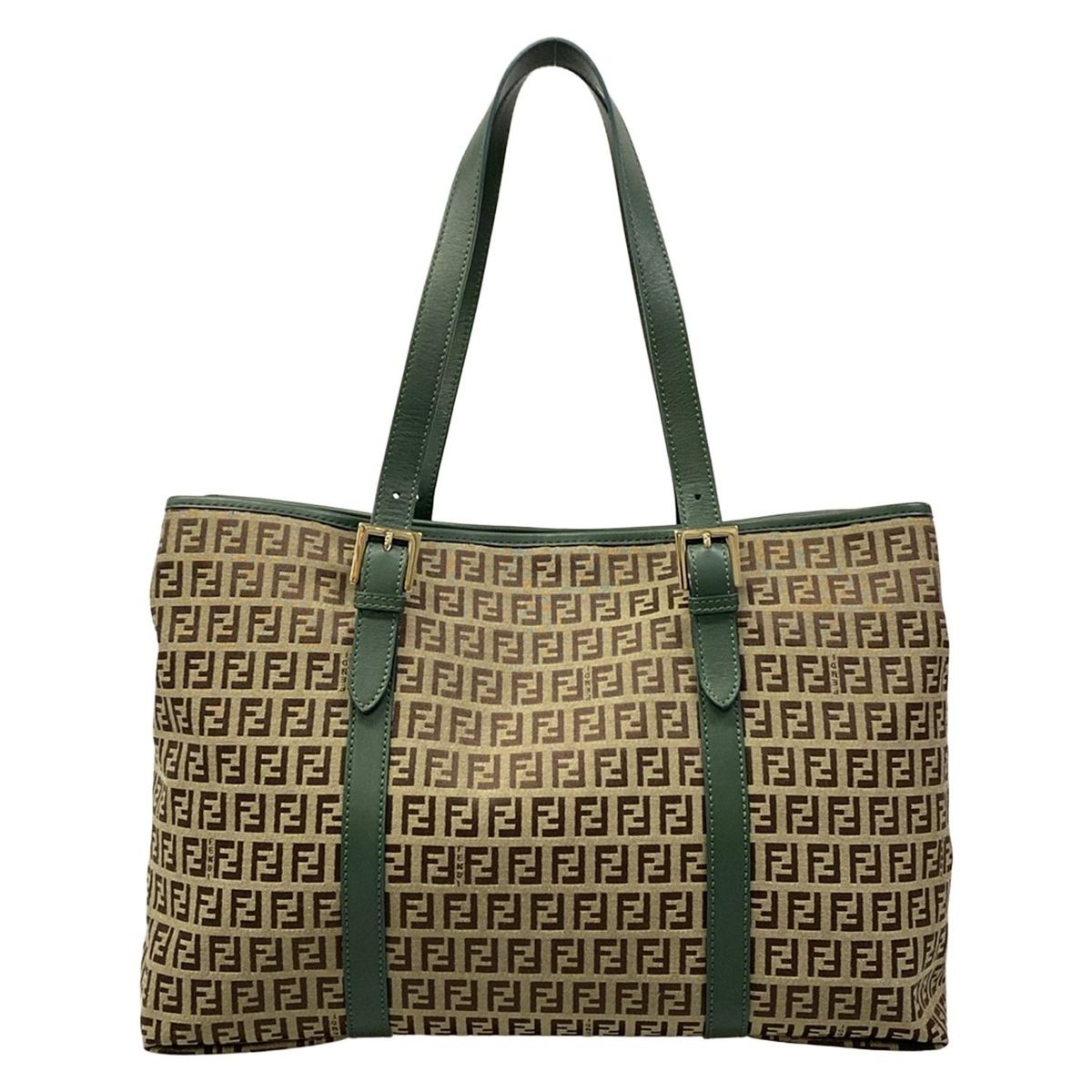 Fendi Tote Zucchino Pattern Green Dark Brown Beige Leather — view 3