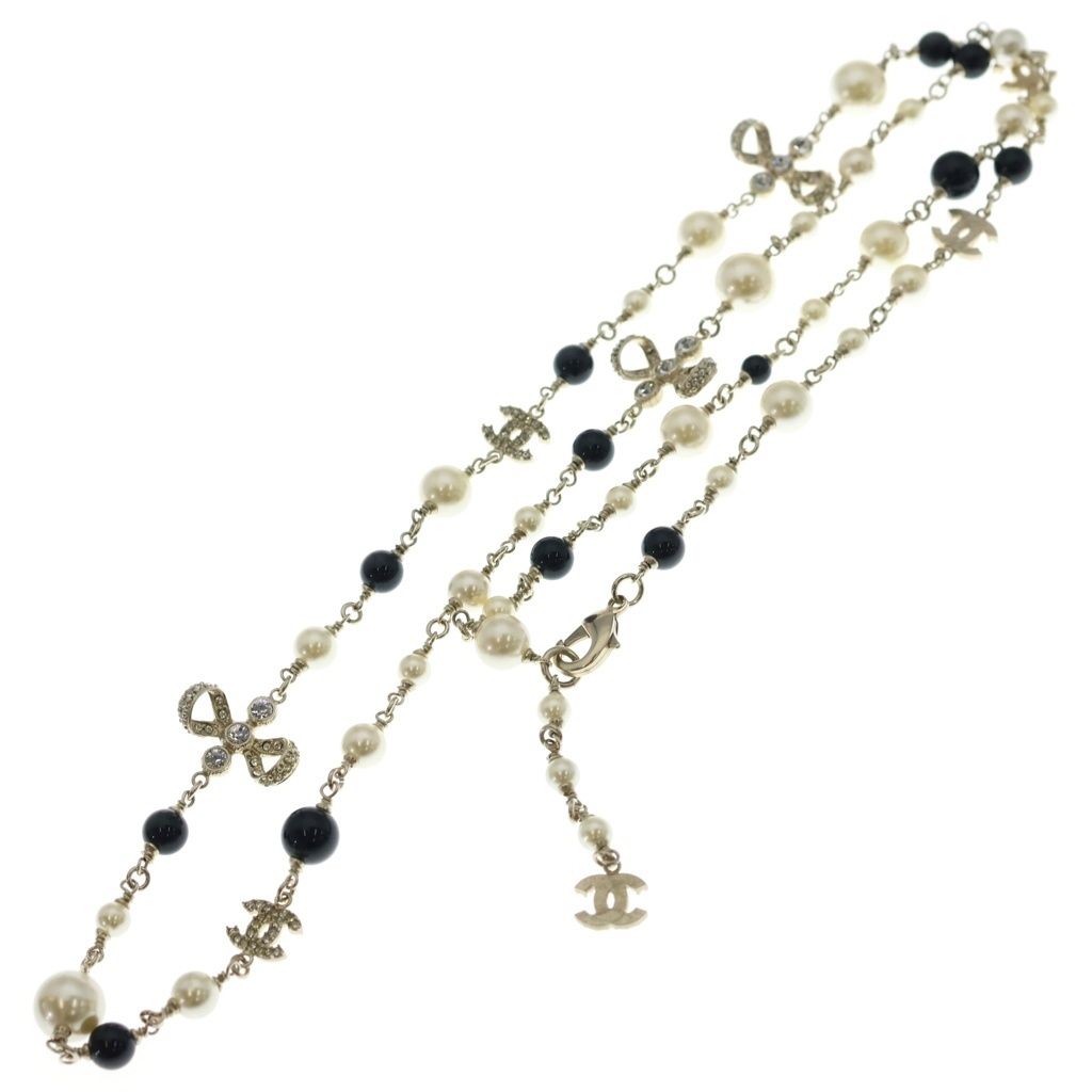 Chanel CC Logo Faux Pearl Long Necklace White Black Gold — view 2