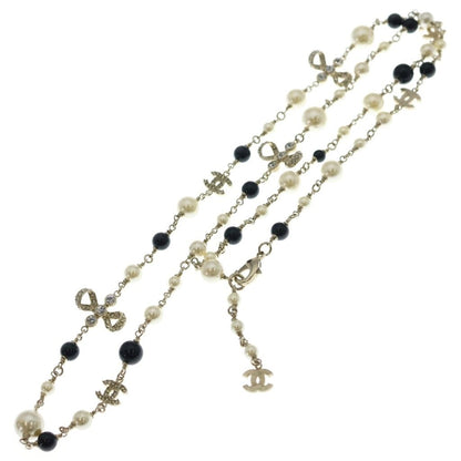Chanel CC Logo Faux Pearl Long Necklace White Black Gold — view 2
