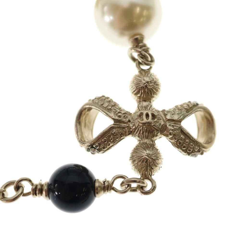 Chanel CC Logo Faux Pearl Long Necklace White Black Gold — view 5