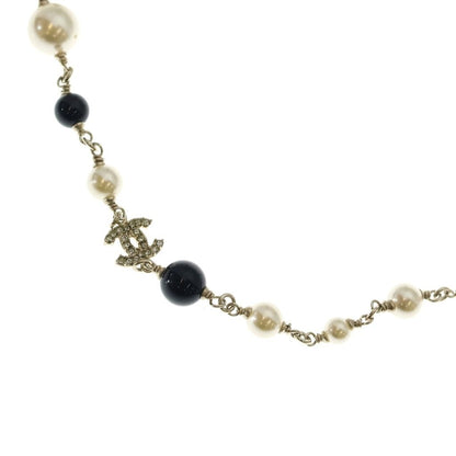 Chanel CC Logo Faux Pearl Long Necklace White Black Gold