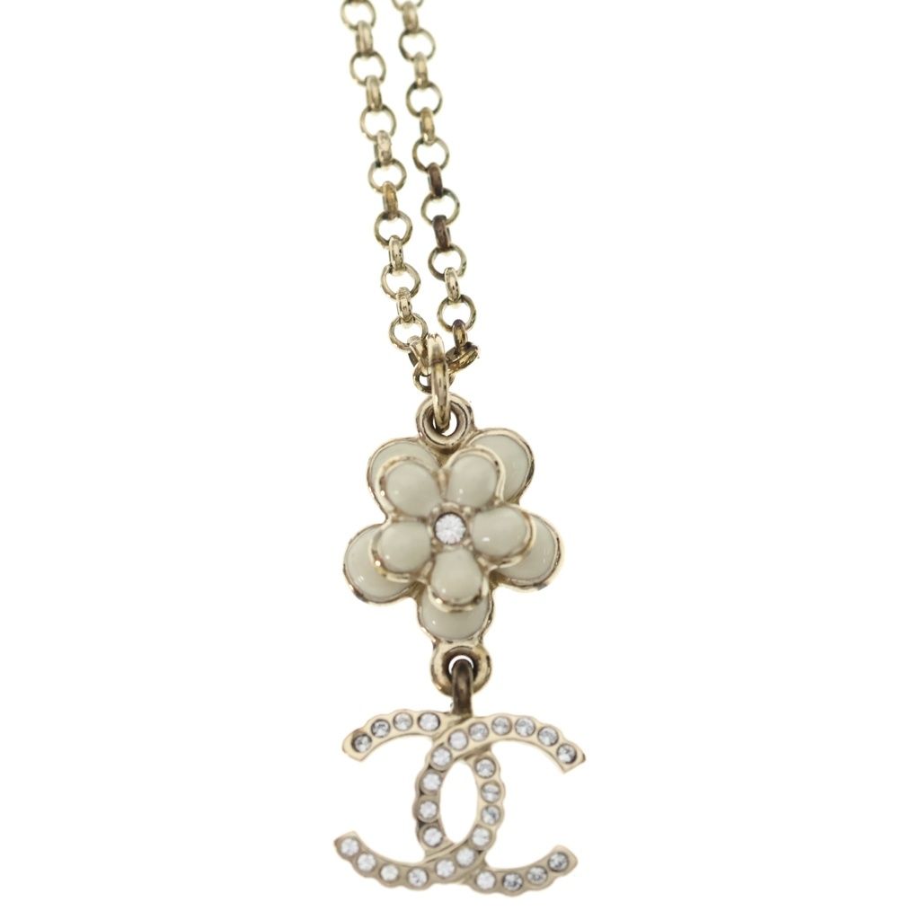 Chanel CC Logo Rhinestone Flower Metal Strass Pearl Chain Necklace Gold — view 3