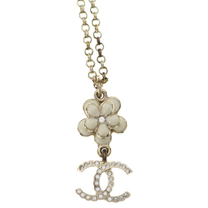 Chanel CC Logo Rhinestone Flower Metal Strass Pearl Chain Necklace Gold — view 3
