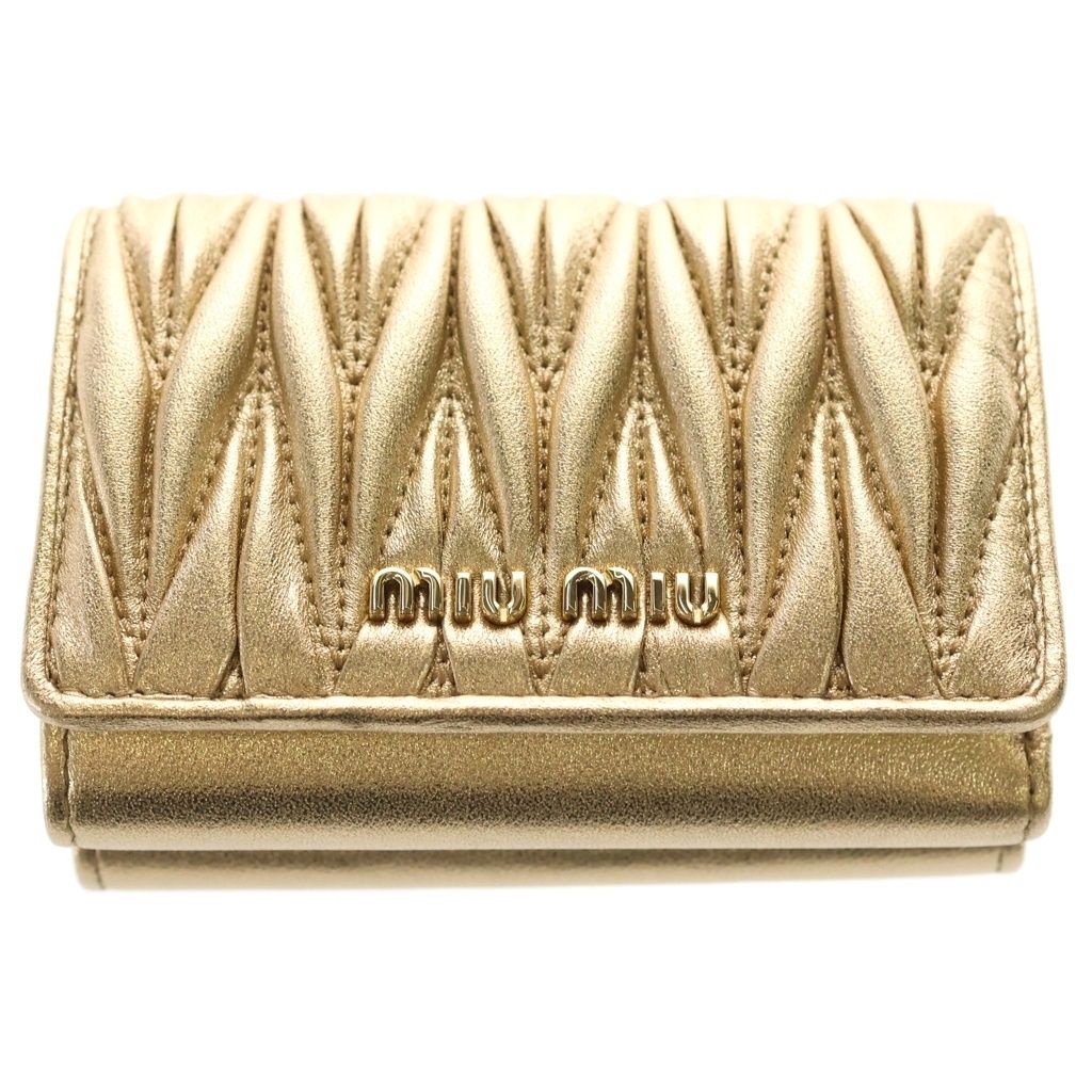 Miu Materasse Metallic Cles the Logo Plate Compact Wallet Trifold Gold