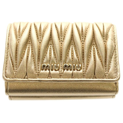 Miu Materasse Metallic Cles the Logo Plate Compact Wallet Trifold Gold