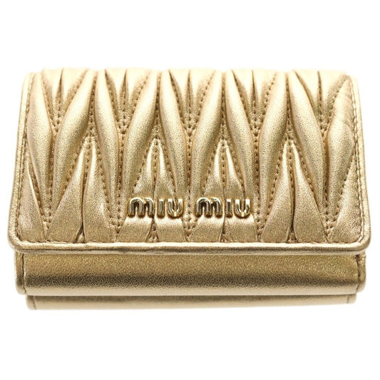 Miu Materasse Metallic Cles the Logo Plate Compact Wallet Trifold Gold