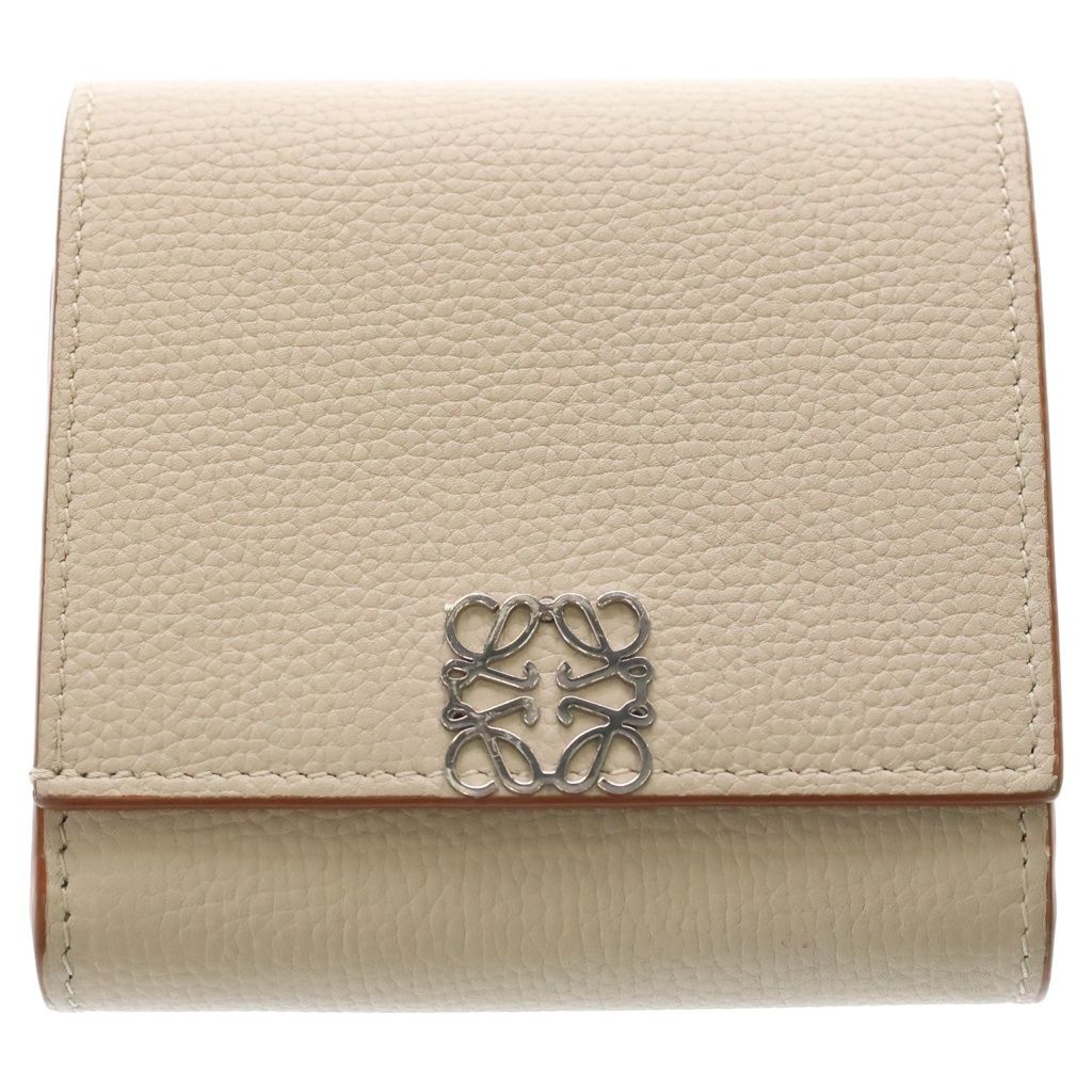 Loewe Anagram Logo Plate Trifold Leather Compact Wallet Bifold Beige