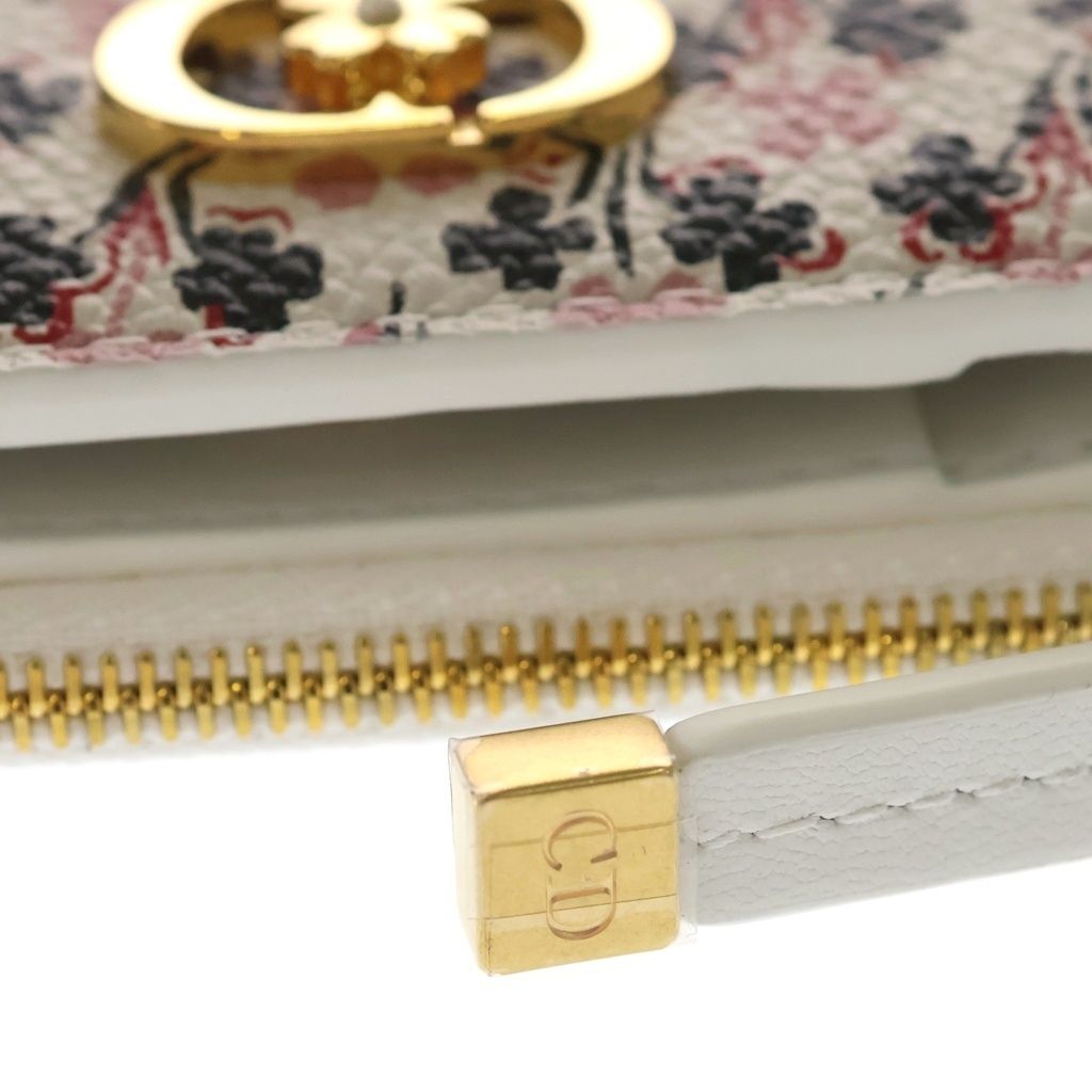Dior Caro Dahlia Wallet Clover Bifold Coin Case White Leather Gold — view 5