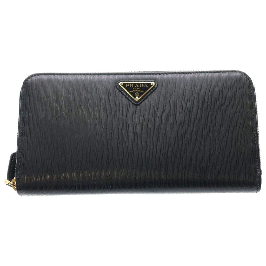 Prada Saffiano Zip Around Wallet Card Case Black Leather Gold