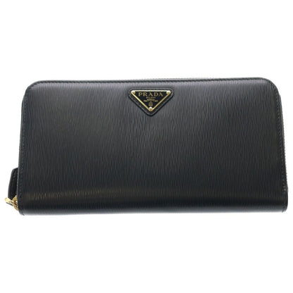 Prada Saffiano Zip Around Wallet Card Case Black Leather Gold