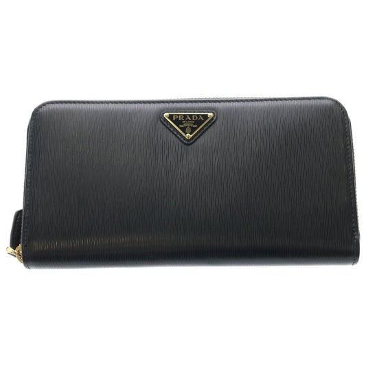 Prada Saffiano Zip Around Wallet Card Case Black Leather Gold