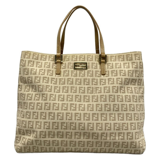 Fendi Tote Zucchino Pattern Ivory Beige Leather