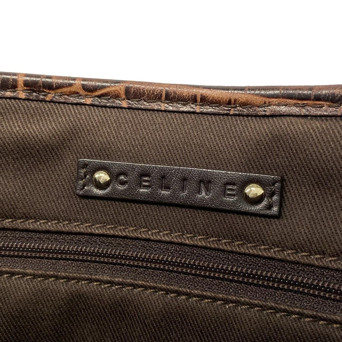 Celine Tote Macadam Pattern Dark Brown Beige Embossed Leather — view 9