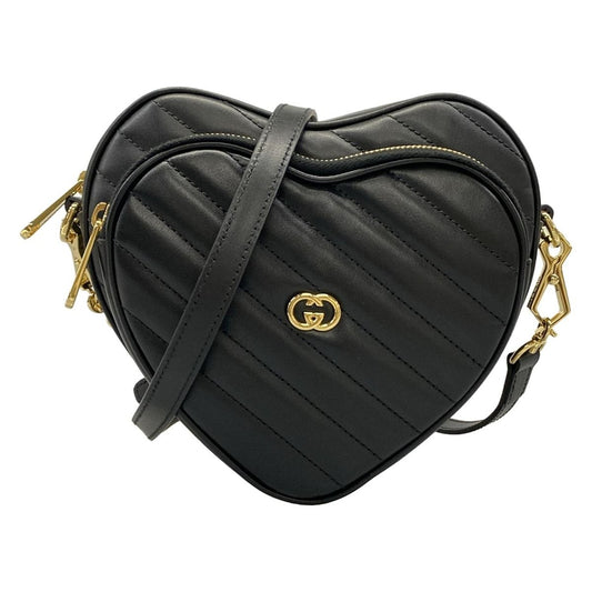 Gucci Shoulder Bag Interlocking Mini Heart Bag Black Quilted Detachable Strap