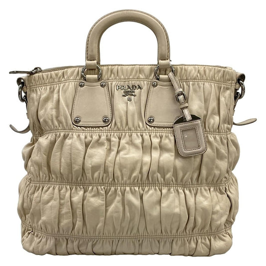 Prada Handbag Gathered Bag Gray Beige Leather Tag