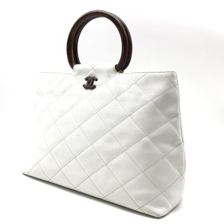 Chanel CC Logo Caviar Leather Wood Handle Hand White Purse — view 2