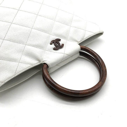 Chanel CC Logo Caviar Leather Wood Handle Hand White Purse — view 7