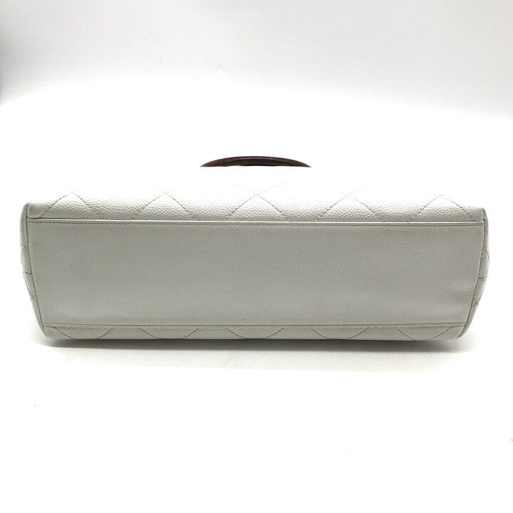 Chanel CC Logo Caviar Leather Wood Handle Hand White Purse — view 4