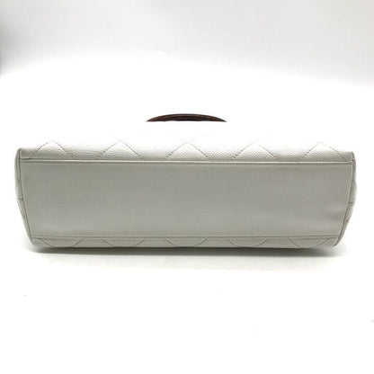 Chanel CC Logo Caviar Leather Wood Handle Hand White Purse — view 4