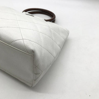 Chanel CC Logo Caviar Leather Wood Handle Hand White Purse — view 6