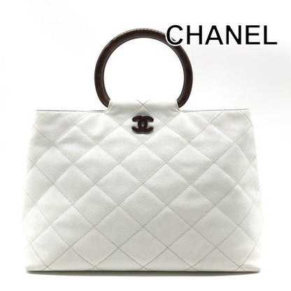 Chanel CC Logo Caviar Leather Wood Handle Hand White Purse
