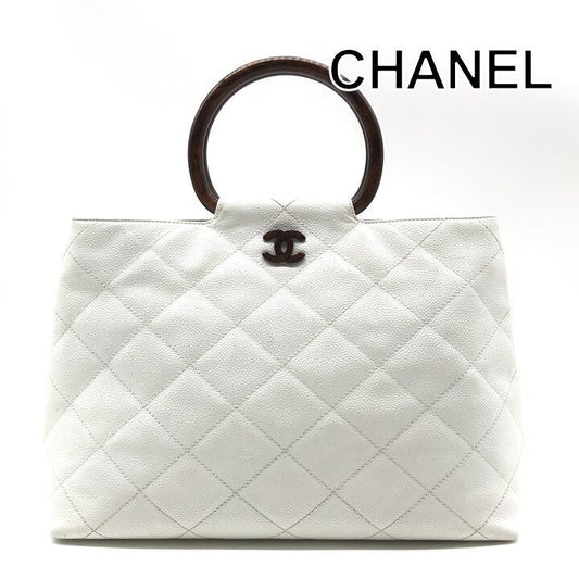 Chanel CC Logo Caviar Leather Wood Handle Hand White Purse