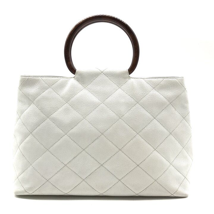 Chanel CC Logo Caviar Leather Wood Handle Hand White Purse — view 3