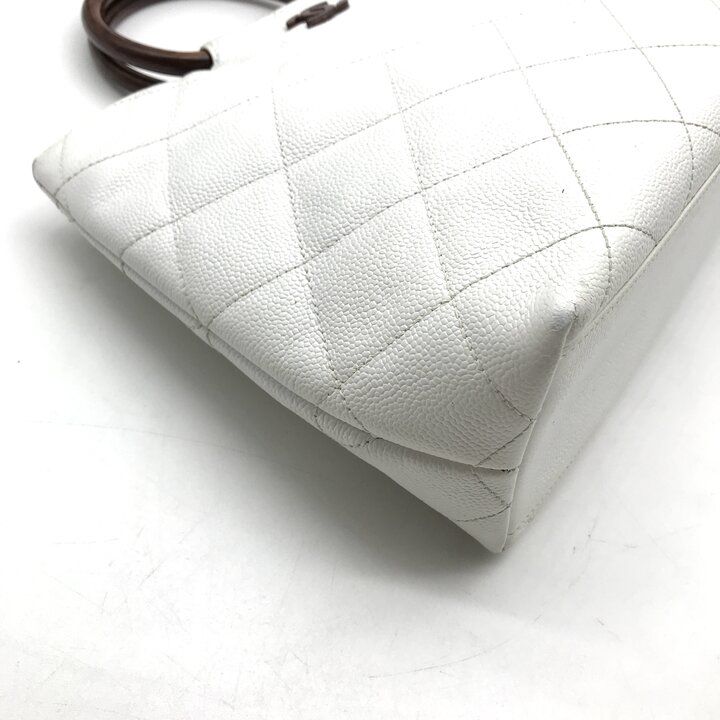 Chanel CC Logo Caviar Leather Wood Handle Hand White Purse — view 5
