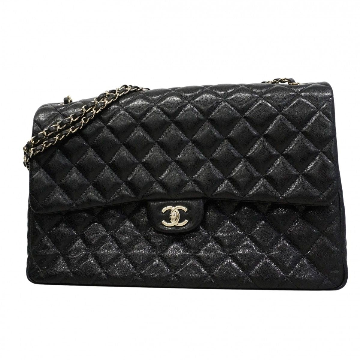 Chanel Shoulder Bag Big Quilted Caviar Leather Black Champagne Gold