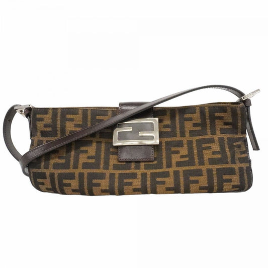 Fendi Shoulder Bag Zucca Nylon Canvas Brown Silver