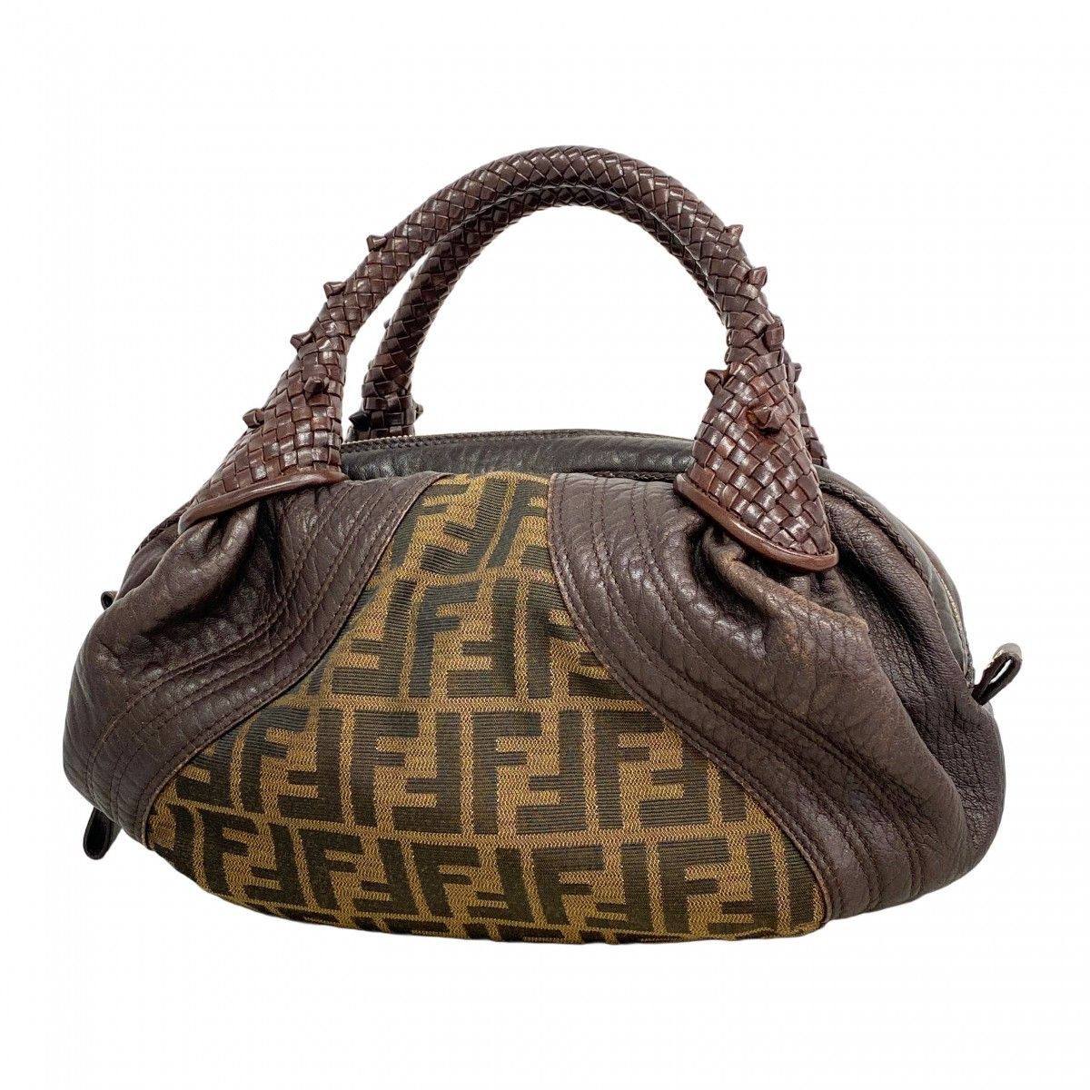 Fendi Handbag Zucca Nylon Canvas Dark Brown Champagne Gold