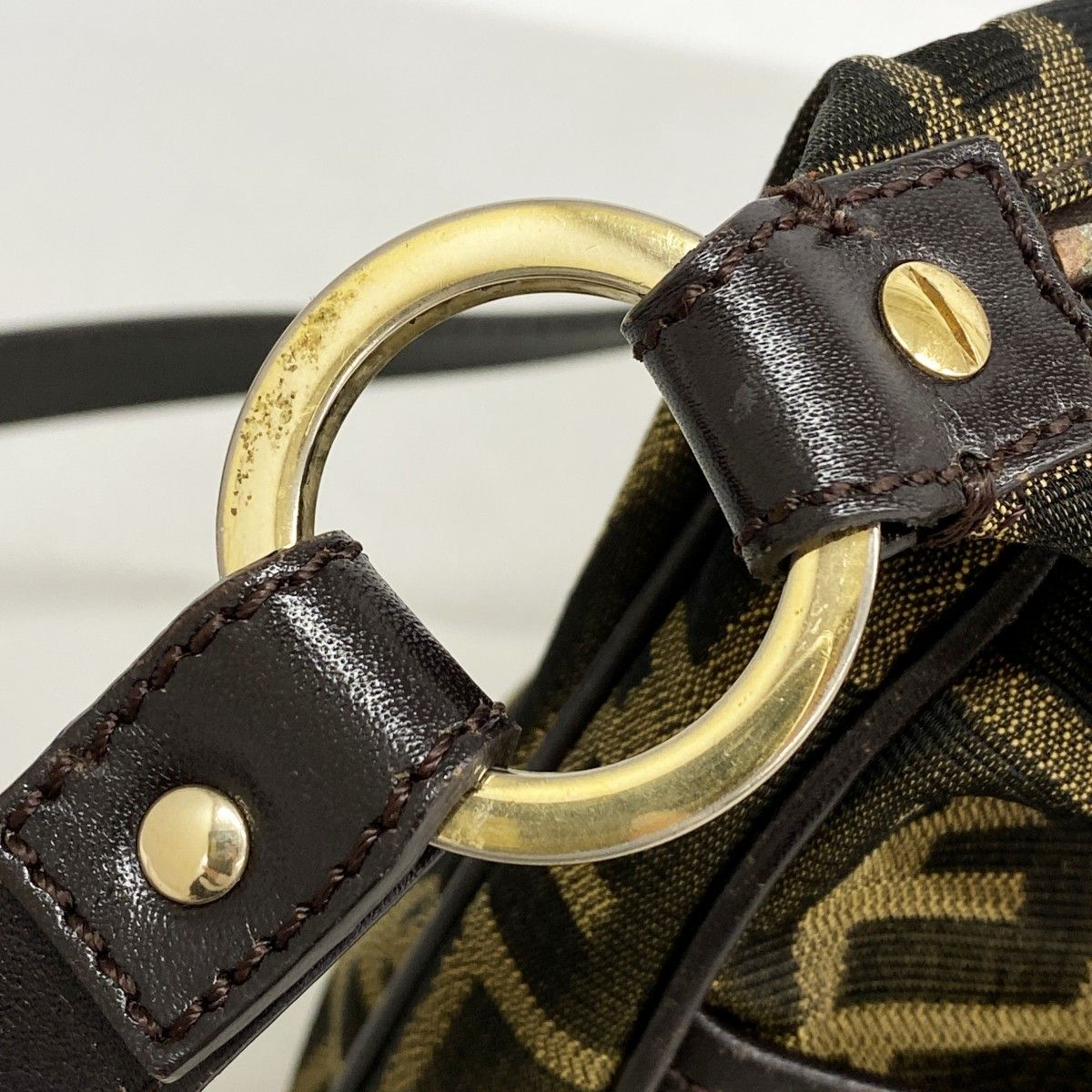 Fendi Shoulder Bag Zucca Nylon Canvas Brown Khaki Champagne Gold — view 9