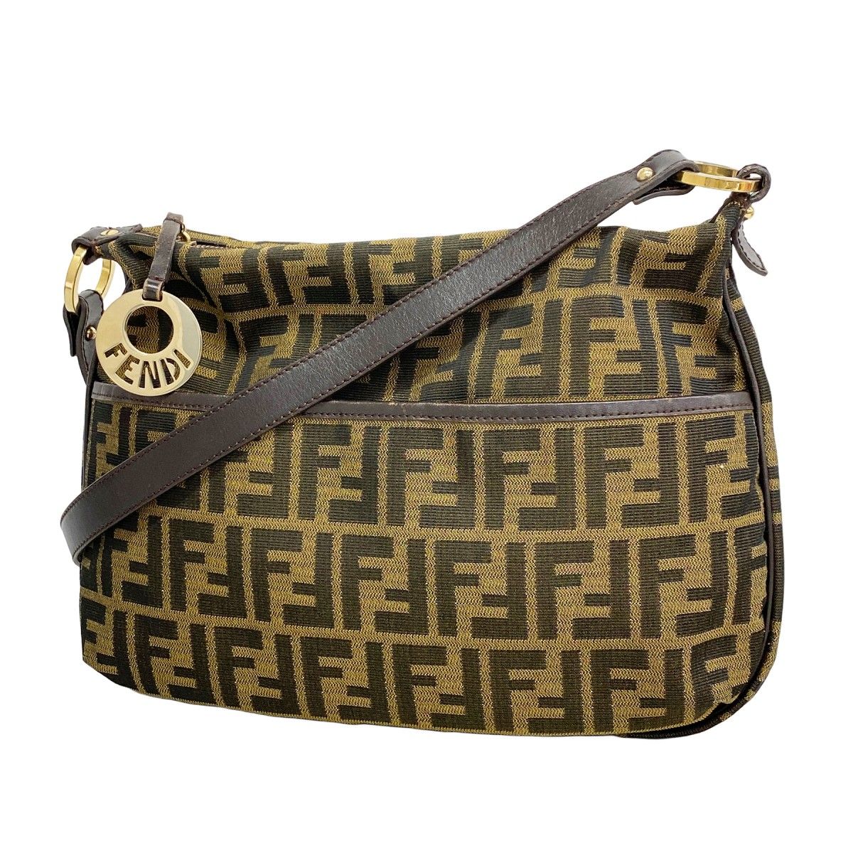 Fendi Shoulder Bag Zucca Nylon Canvas Brown Khaki Champagne Gold