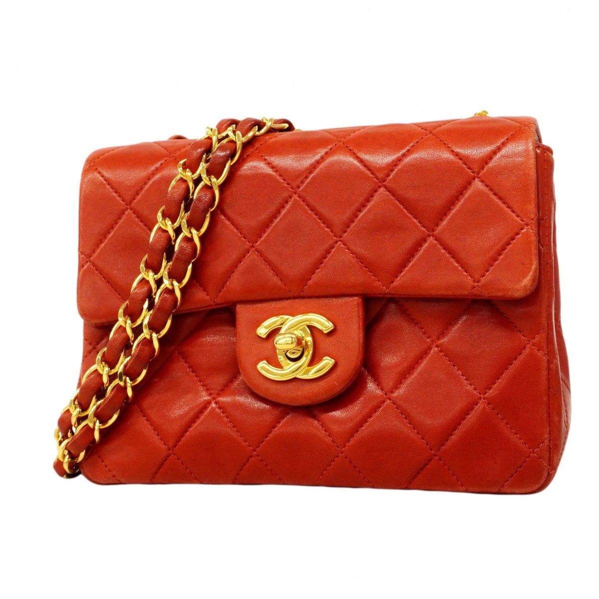 Chanel Shoulder Bag Mini Quilted Lambskin Red Gold