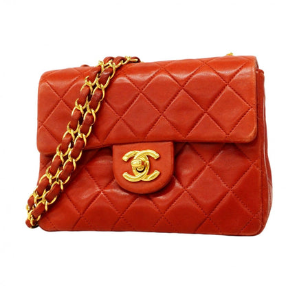 Chanel Shoulder Bag Mini Quilted Lambskin Red Gold