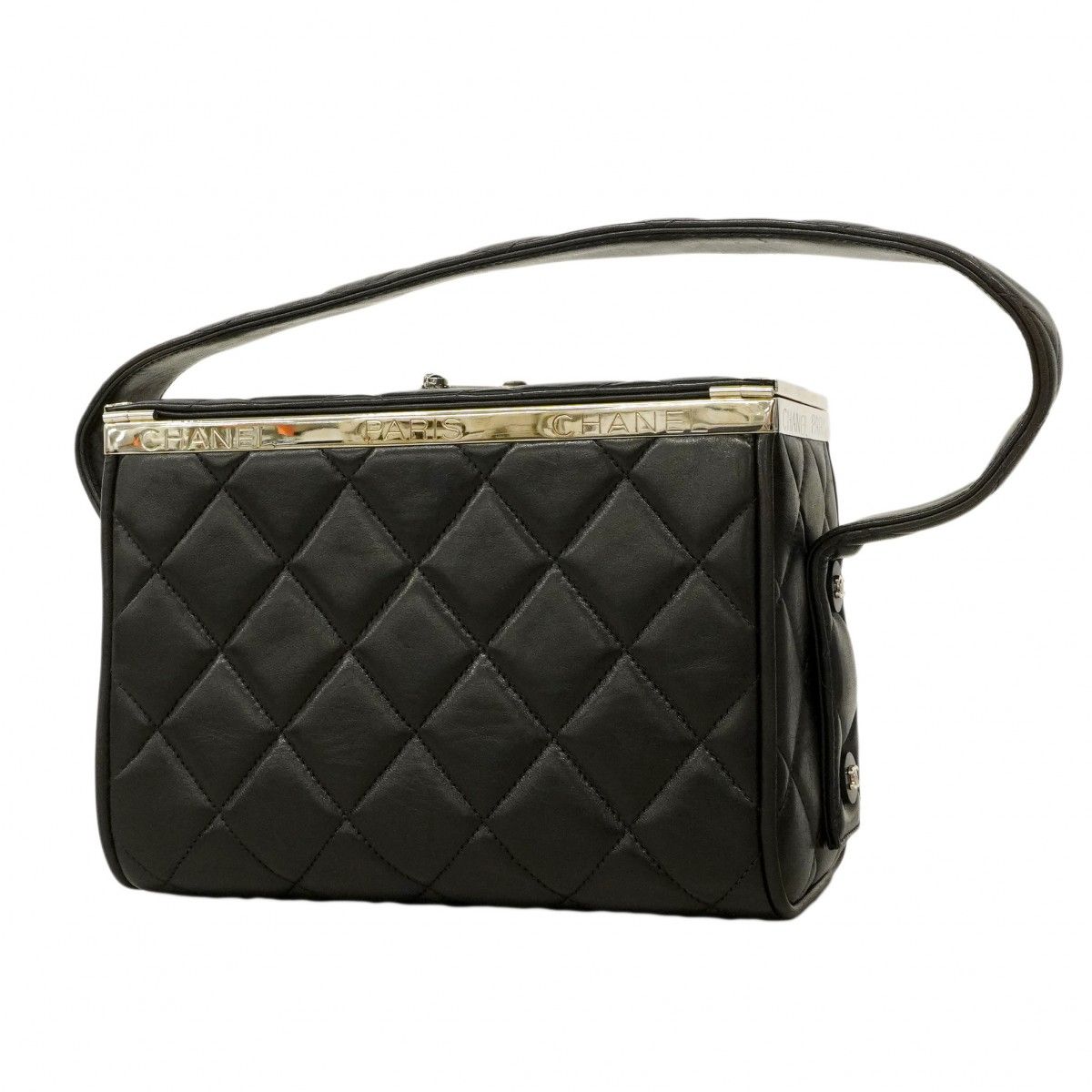 Chanel Handbag Quilted Lambskin Black Silver