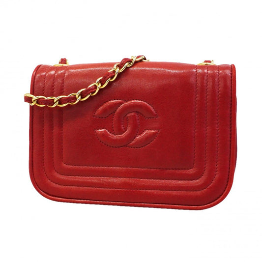 Chanel Shoulder Bag Lambskin Red Gold