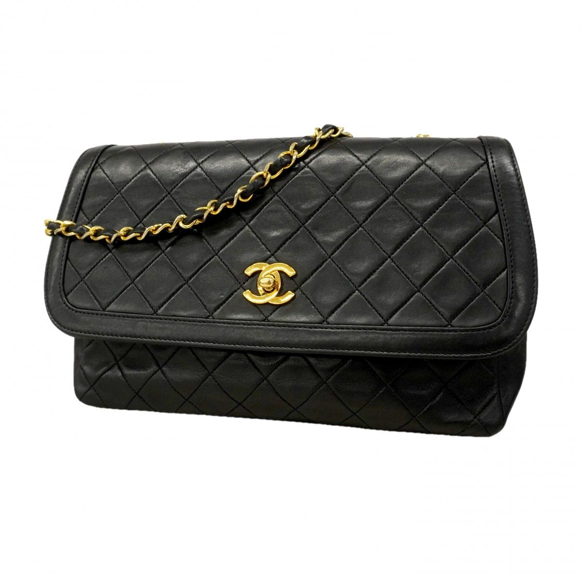 Chanel Shoulder Bag Quilted Lambskin Black Gold