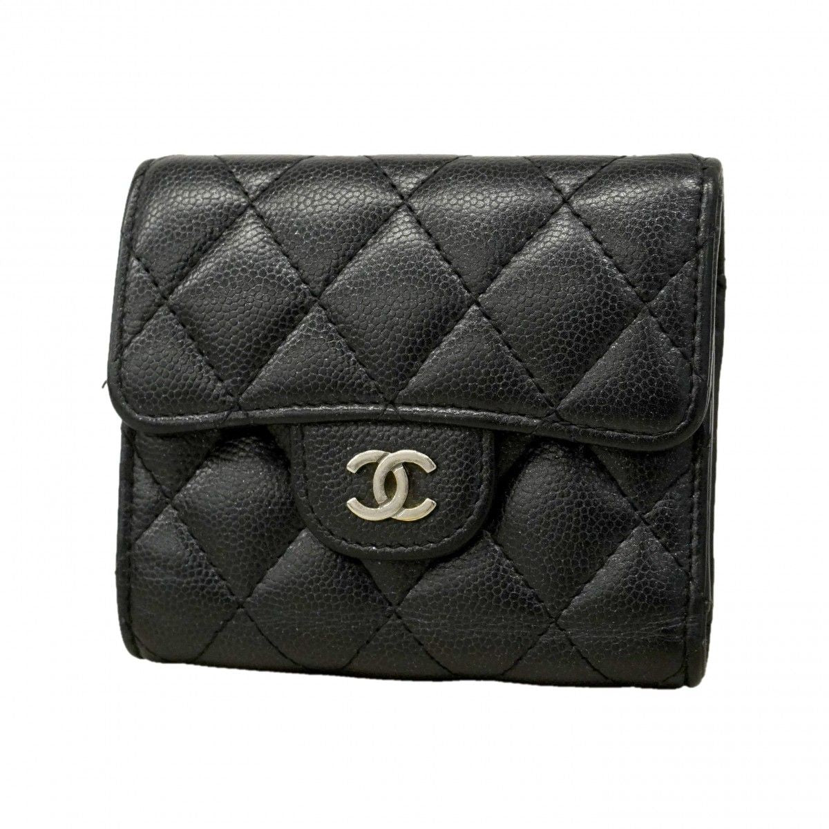 Chanel Trifold Wallet Quilted Caviar Leather Black Silver