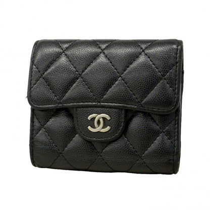 Chanel Trifold Wallet Quilted Caviar Leather Black Silver