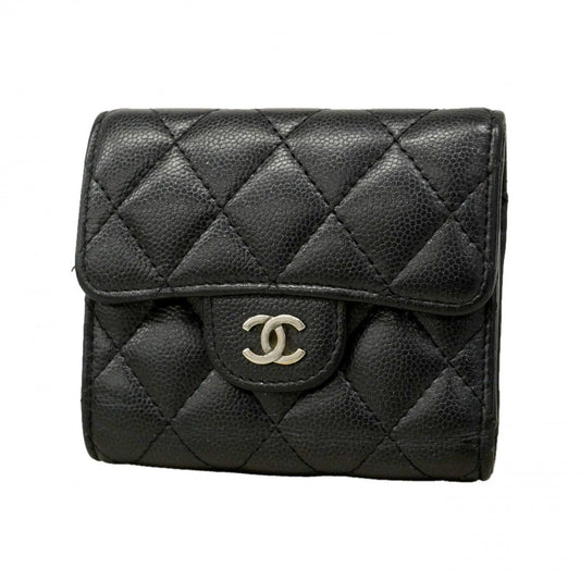 Chanel Trifold Wallet Quilted Caviar Leather Black Silver